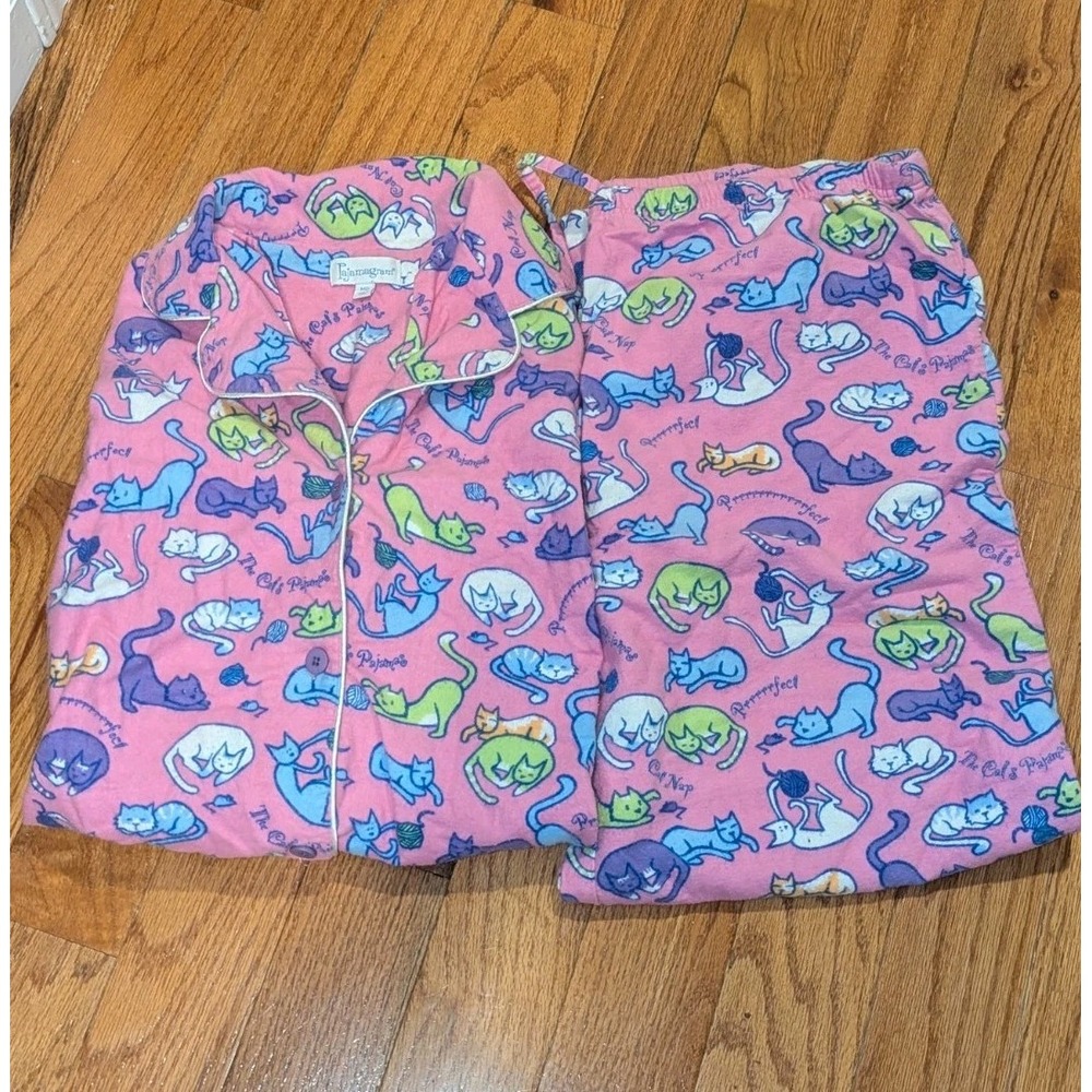 Cat Lover Pajama Set Pink Whimsical Novelty Print Cotton PJs Pajamagram M